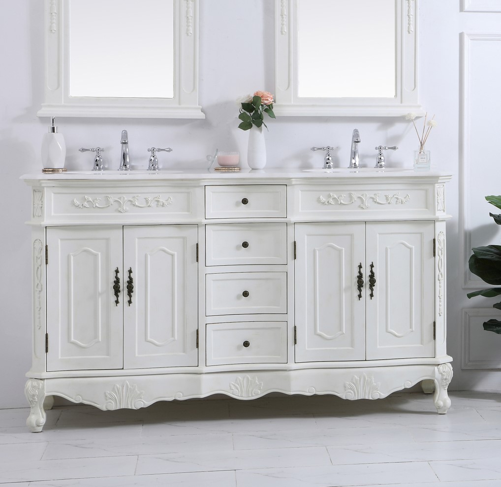 60 inch Adelina Double Bathroom Vanity in Antique White with Ivory White Marble