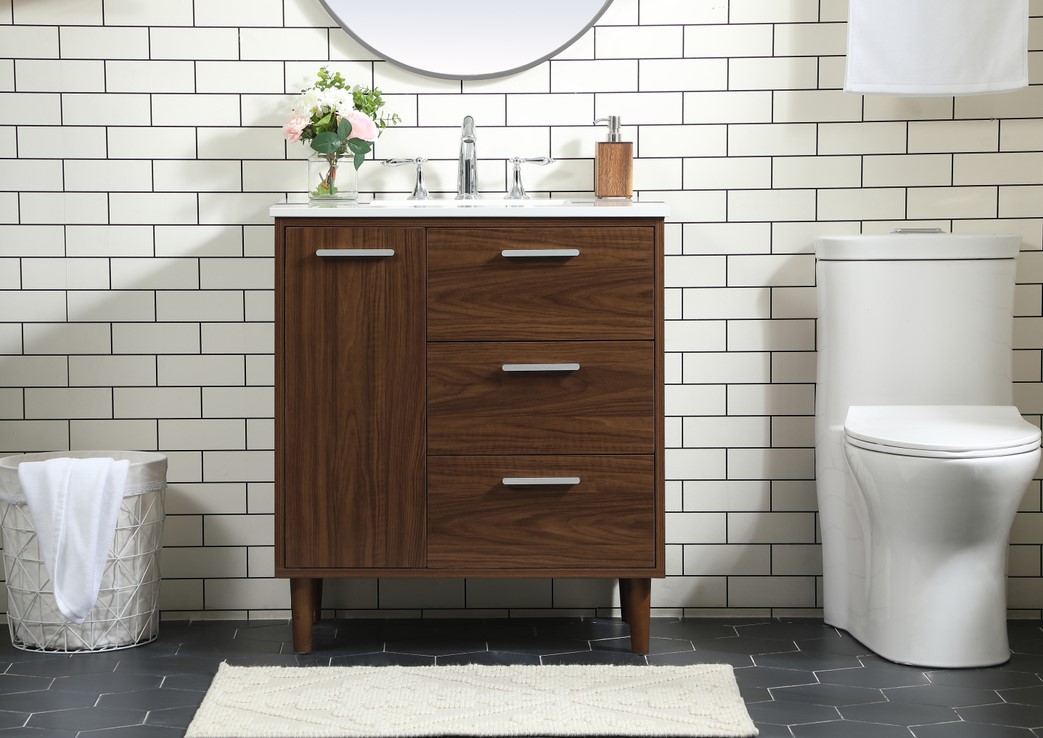 30 inch Modern Fitting Bathroom Vanity in Walnut with Backsplash Option