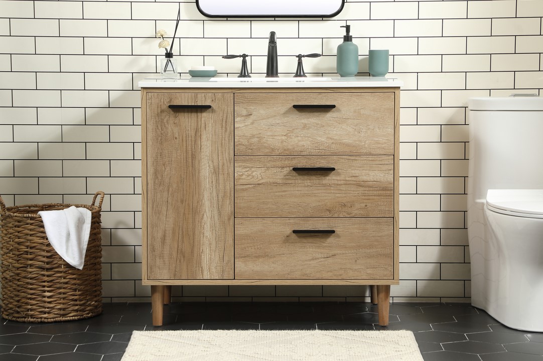 36 inch Modern Fitting Single Bathroom Vanity in Natural Oak with Backsplash Option