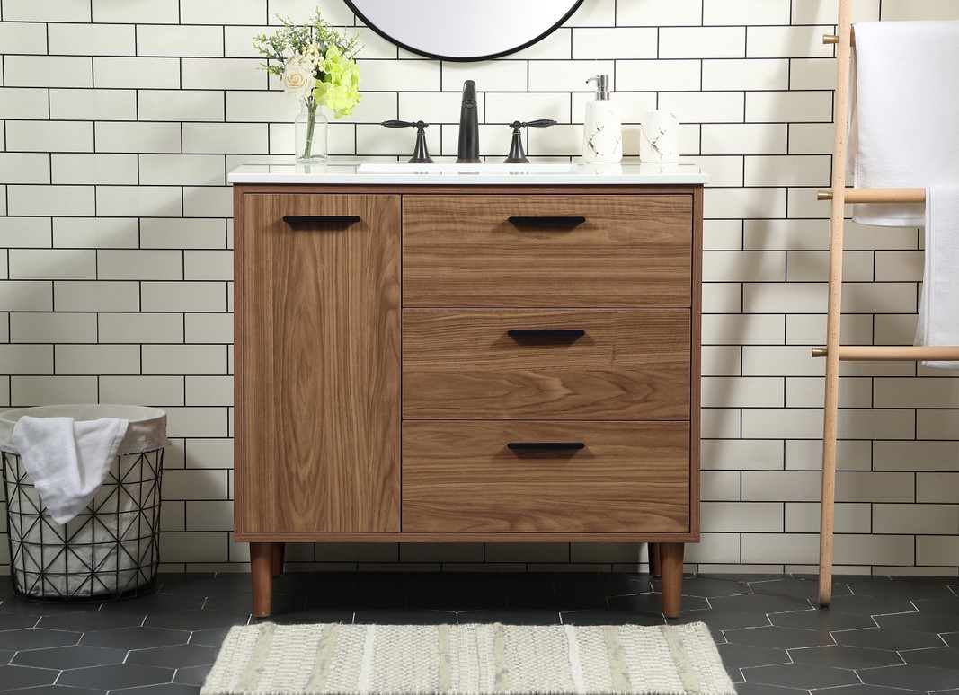 36 inch Modern Fitting Single Bathroom Vanity in Walnut Brown with Backsplash Option