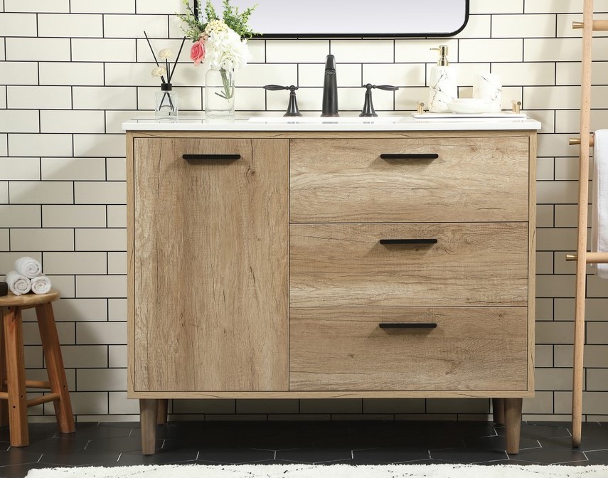 42 inch Modern Fitting Single Bathroom Vanity in Natural Oak with Backsplash Option