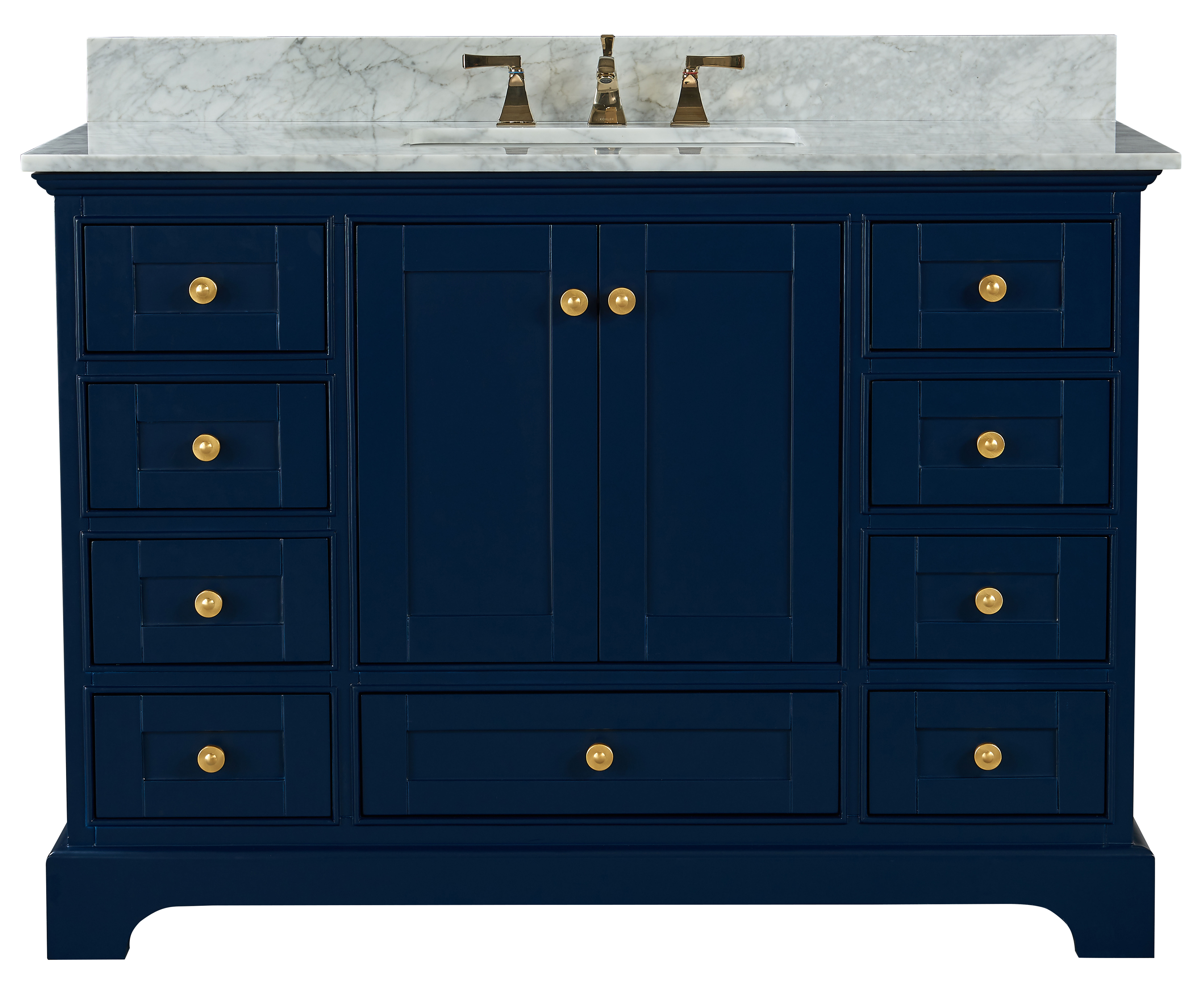 48" Bath Vanity Set in Heritage Blue with Italian Carrara White Marble Vanity Top and White Undermount Basin with Gold Hardware with Mirror Option