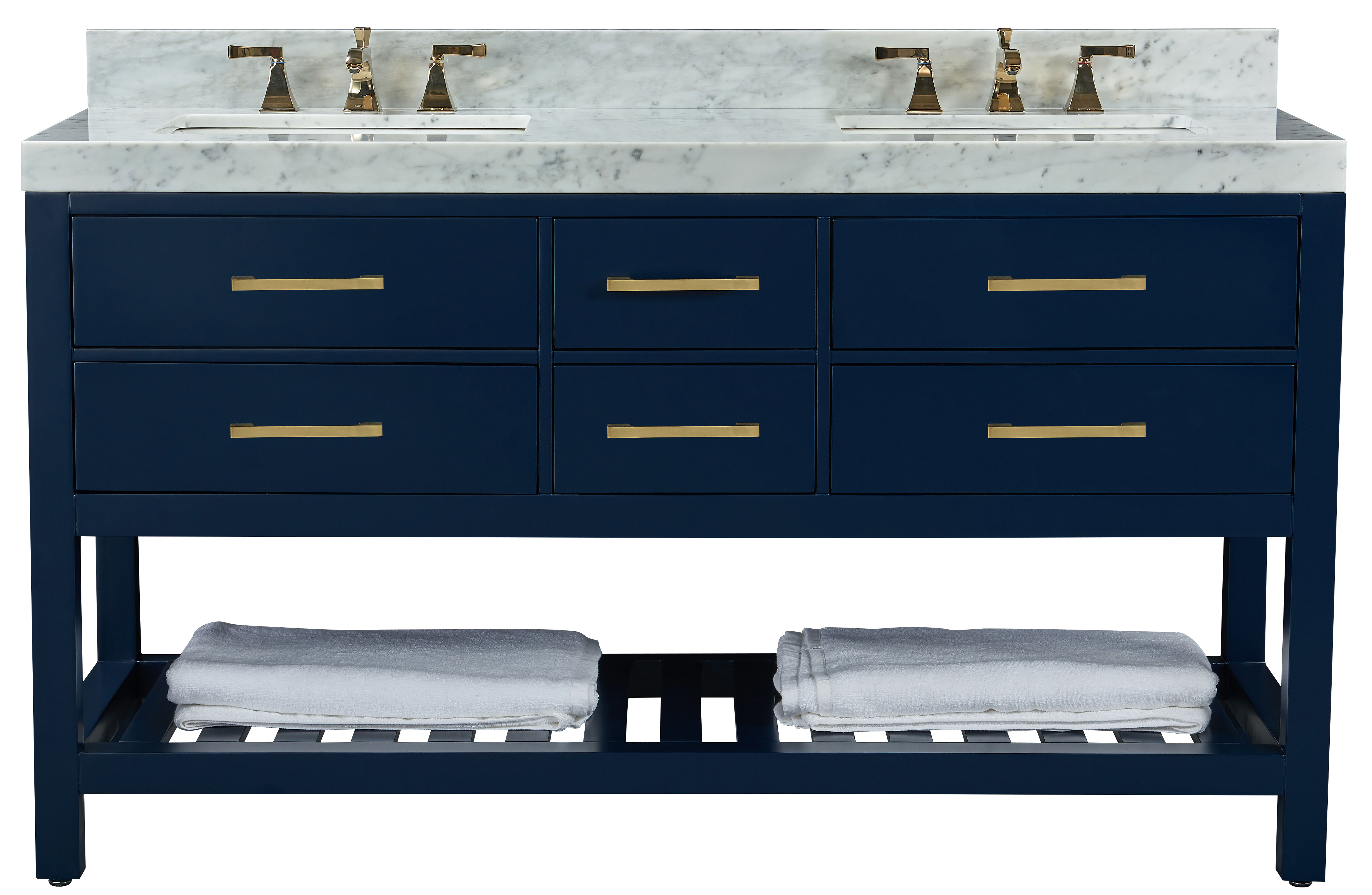 60" Double Sink Bath Vanity Set in Heritage Blue with Italian Carrara White Marble Vanity top and White Undermount Basin