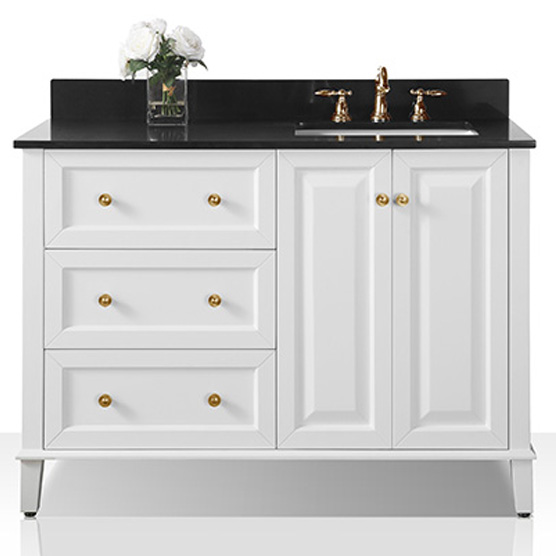 48" Off Centered Right/Left Basin Vanity Set in White with Black Granite Vanity top with Gold Hardware