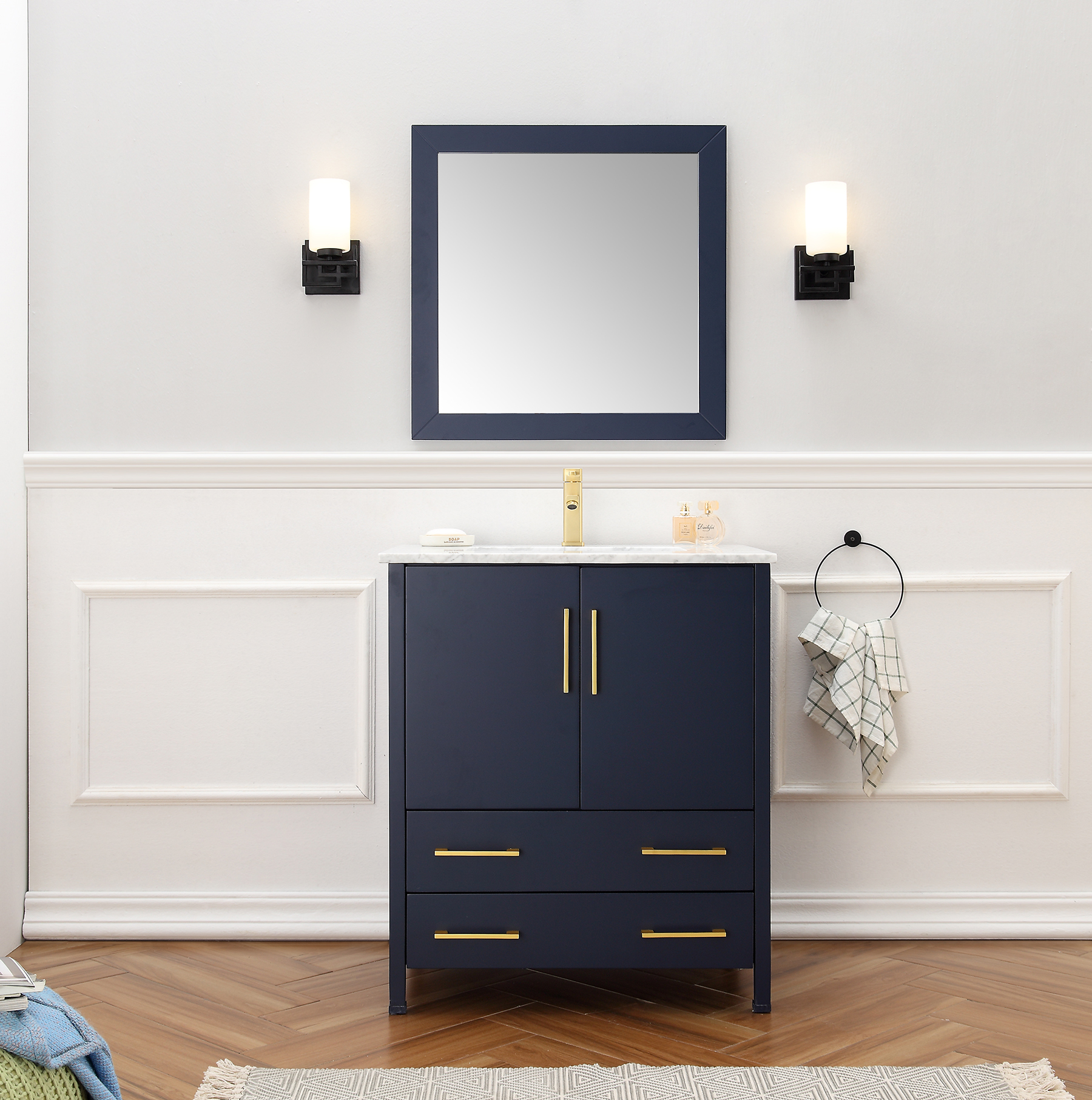 Dora Soo Collection 30" Solid Wood Sink Vanity with Mirror-No Faucet Blue Finish