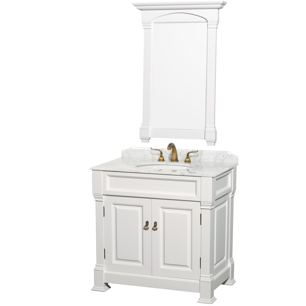 Andover 36" Single Bathroom Vanity in White, Undermount Oval Sink, and 28" Mirror with Countertop and Linen Tower Options