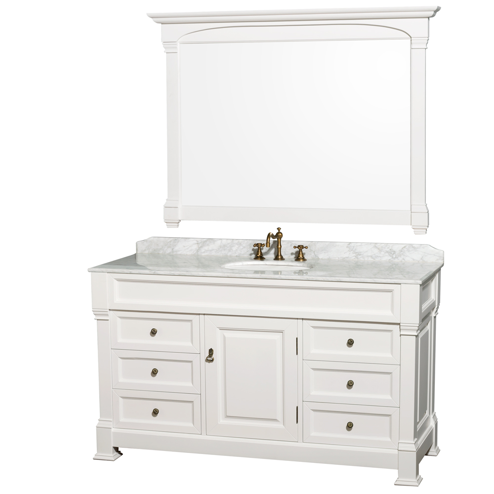 Andover 60" Single Bathroom Vanity in White, Undermount Oval Sinks, and 56" Mirror with Countertop Options