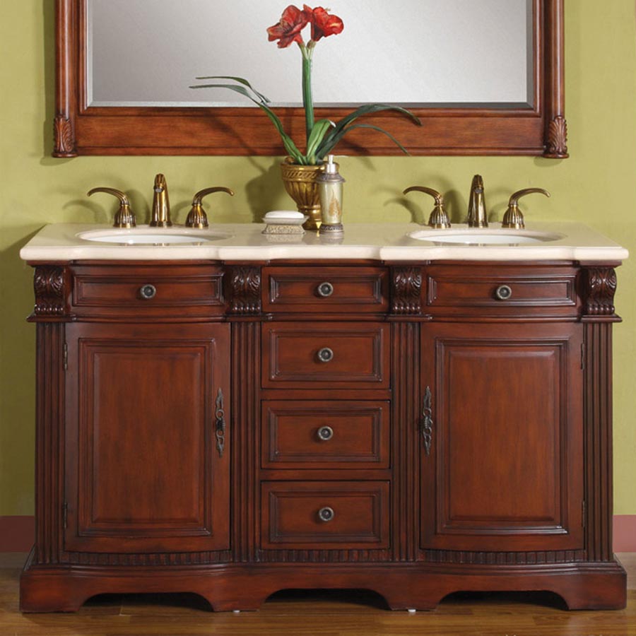 58" Double Sink Cabinet - Cream Marfil Marble Top, Under Mount, White Ceramic Sinks (3 holes)
