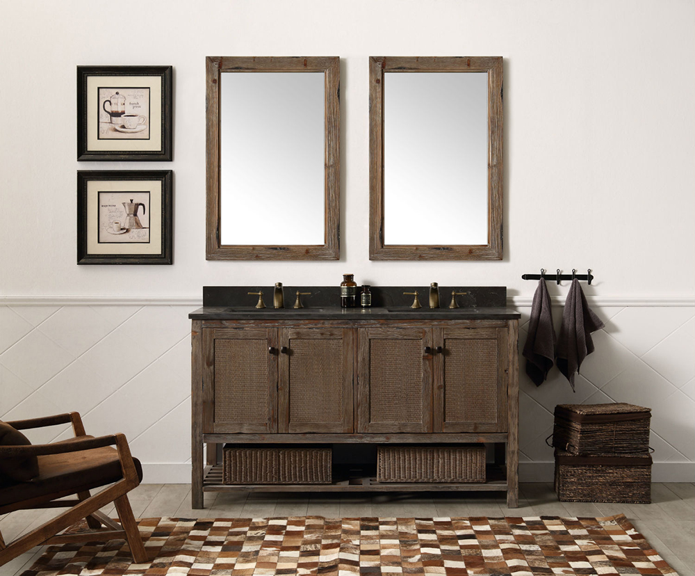 Dora Soo Collection 60" Solid Wood Sink Vanity With Moon Stone Top - No Faucet, Brown Rustic Finish