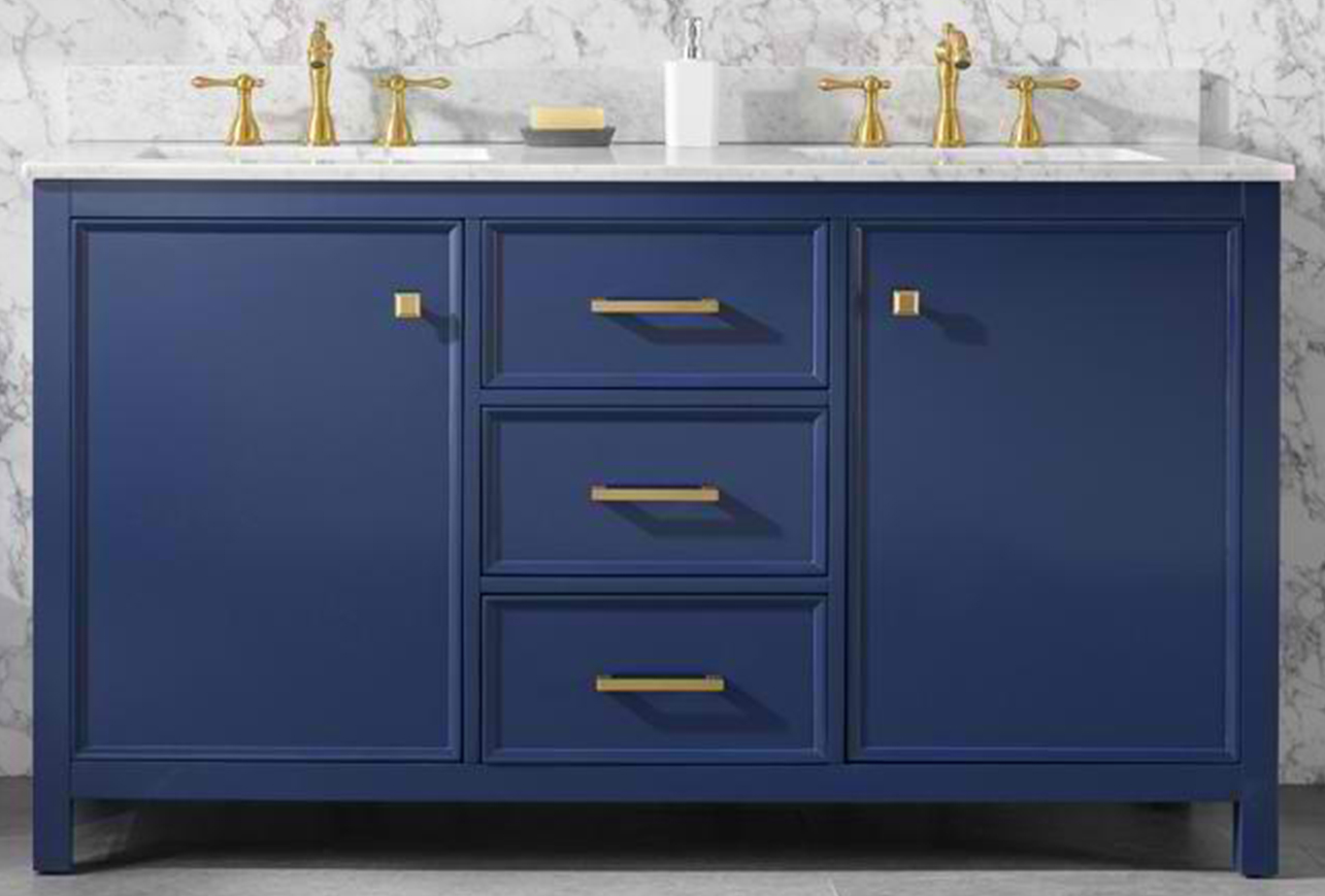 60" Blue Finish Double Sink Vanity Cabinet with Carrara White Top