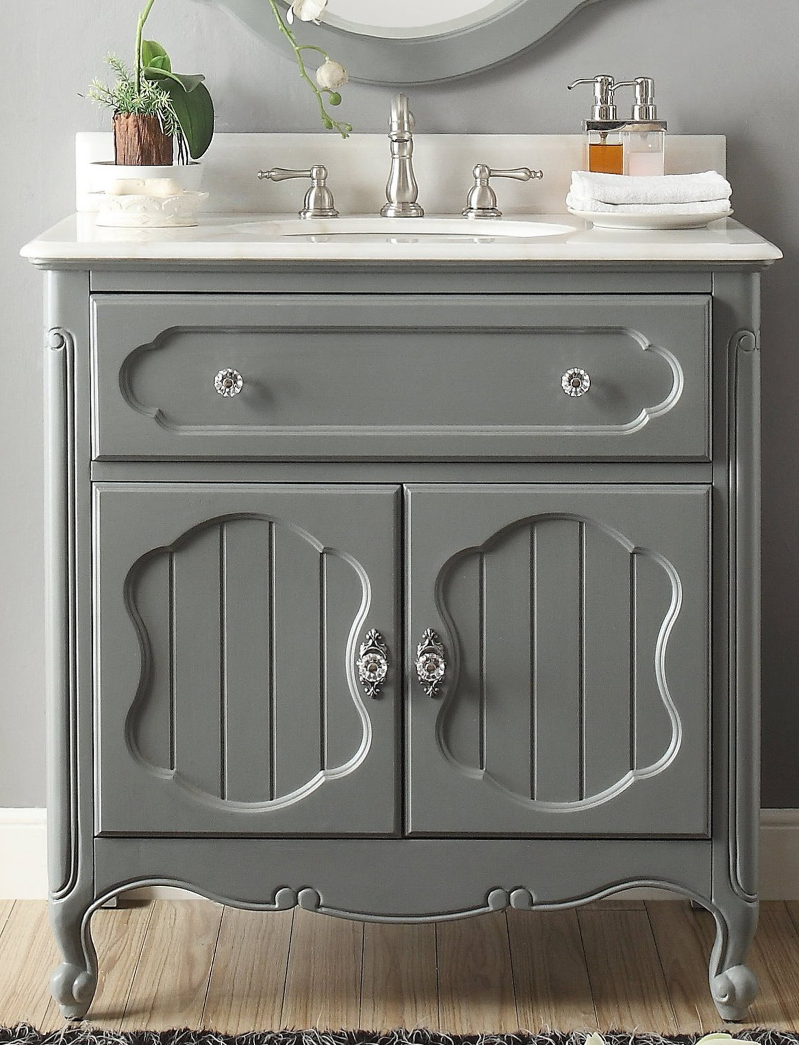 34 Single Sink Victorian Cottage Style Bathroom Vanity Vintage Grey Finish with White Marble Counter Top