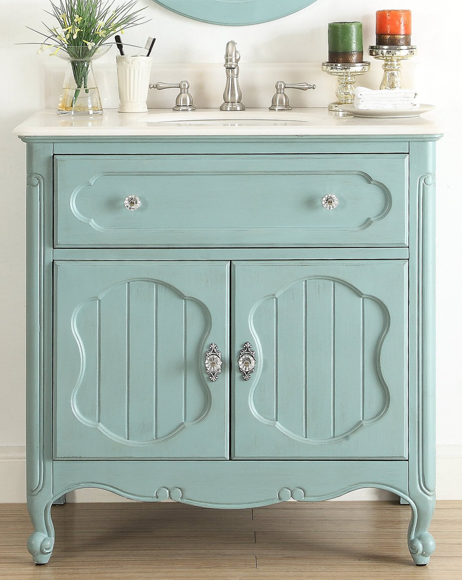 34 Single Sink Victorian Cottage Style Bathroom Vanity Vintage Blue Finish with White Marble Counter Top