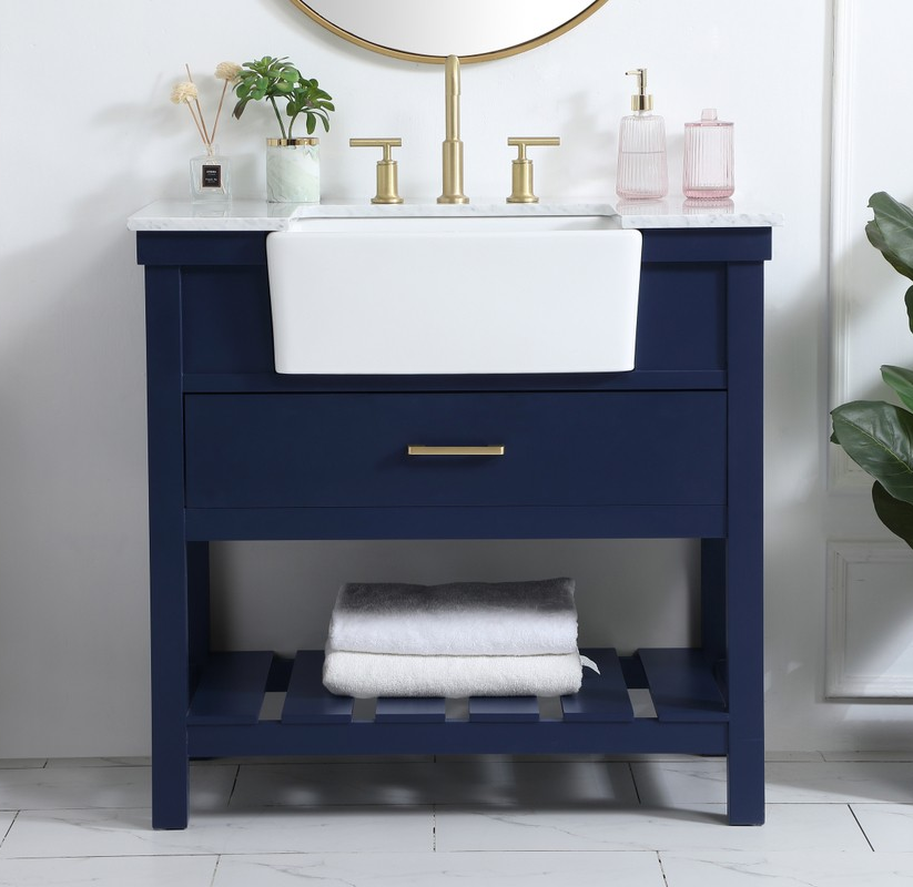 36 inch Single Bathroom Vanity in Blue with Three Finish Options and Backsplash Option