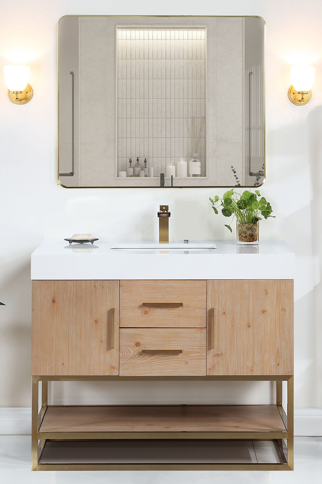 Issac Edwards 42" Single Bathroom Vanity in Light Brown with Brushed Gold Support Base and White Composite Stone Countertop with Mirror