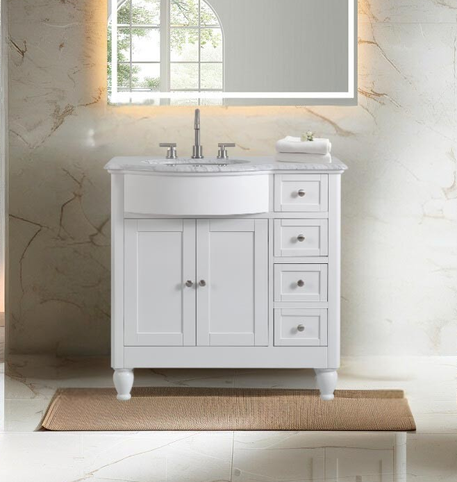 38-inch Carrara White Marble Top Single Sink on Left Side Bathroom Vanity in White