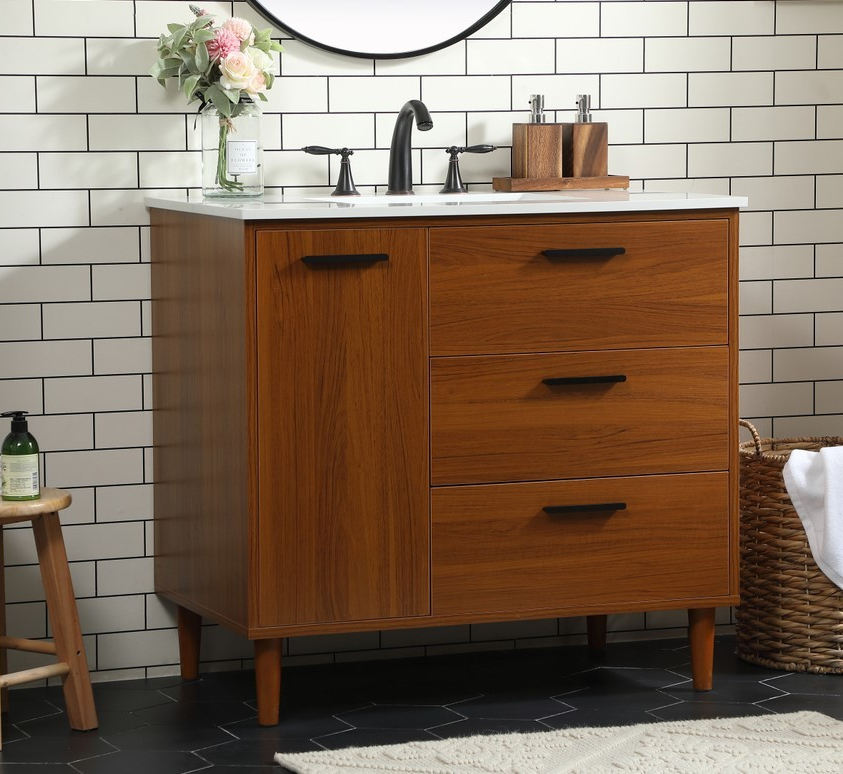 36 inch Modern Fitting Bathroom Vanity in Teak with Backsplash Option