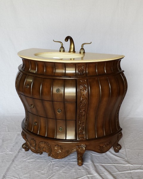 36" Adelina Antique Style Semi-circular Shape Single Sink Bathroom Vanity in Walnut Finish with Beige Stone Countertop