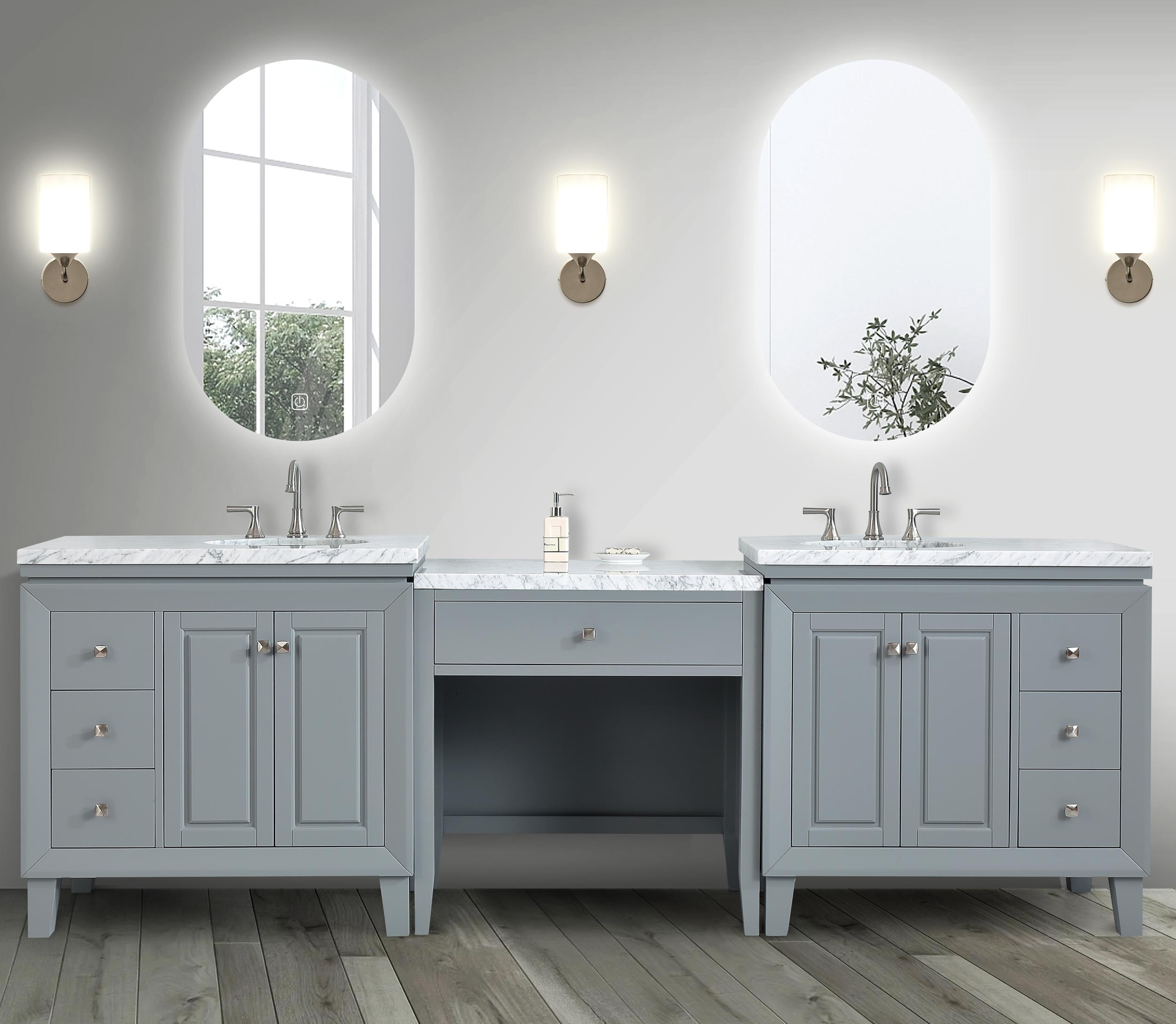 103-inch Carrara White Marble Top Double Sink Bathroom Vanity in Gray