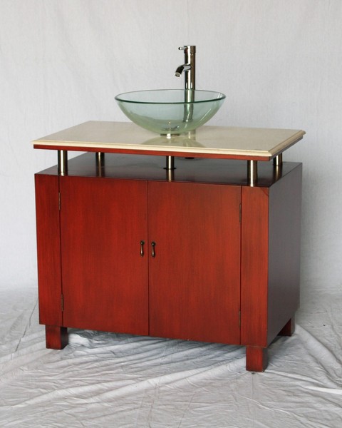 36" Adelina Contemporary Style Single Sink Bathroom Vanity in Cherry Finish with Beige Stone Countertop and Round Clear Glass Vessel Sink