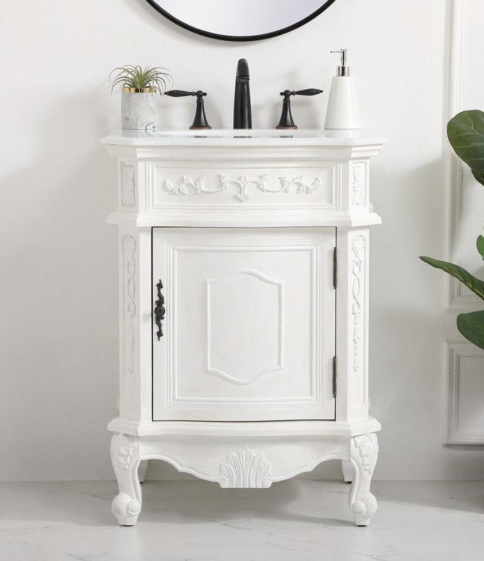 24 inch Single Bathroom Vanity in Antique White with Ivory White Marble