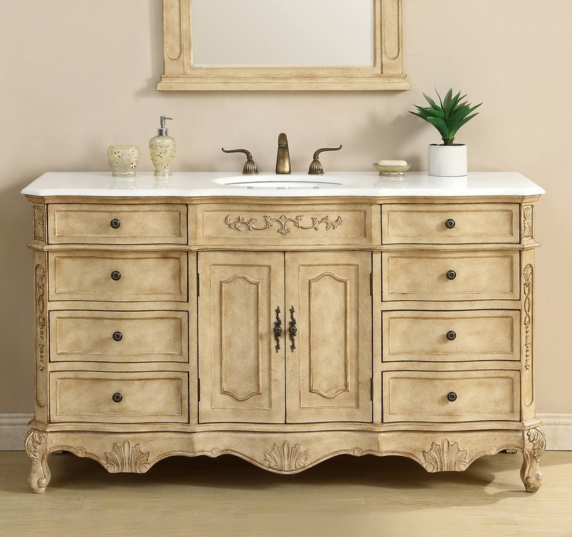 60 inch Adelina Single Bathroom Vanity In Antique Beige with Ivory White Marble