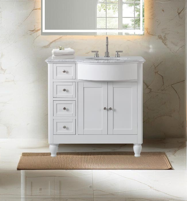 38-inch Carrara White Marble Top Single Sink on Right side Bathroom Vanity in White