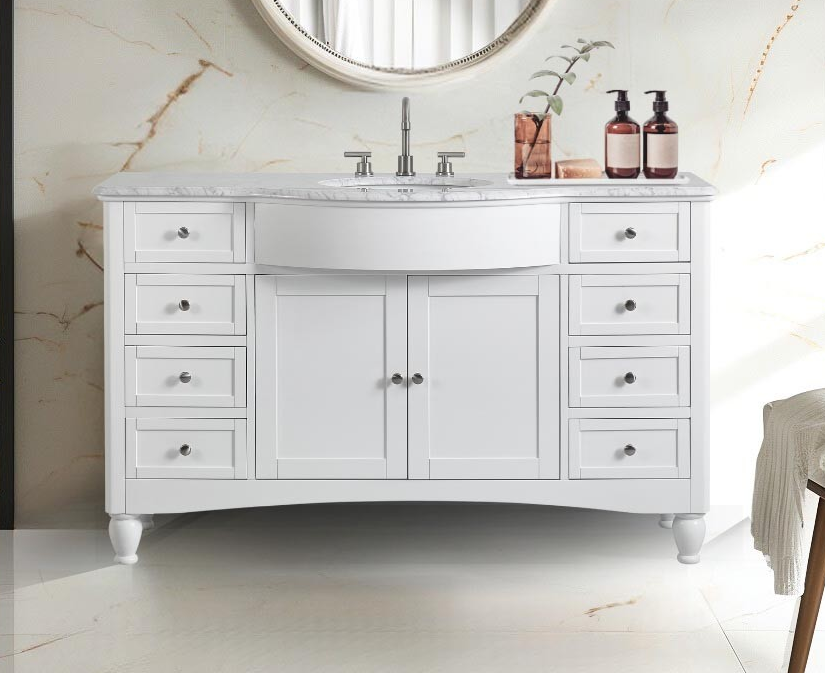 58-inch Carrara White Marble Top Single Sink Bathroom Vanity in White