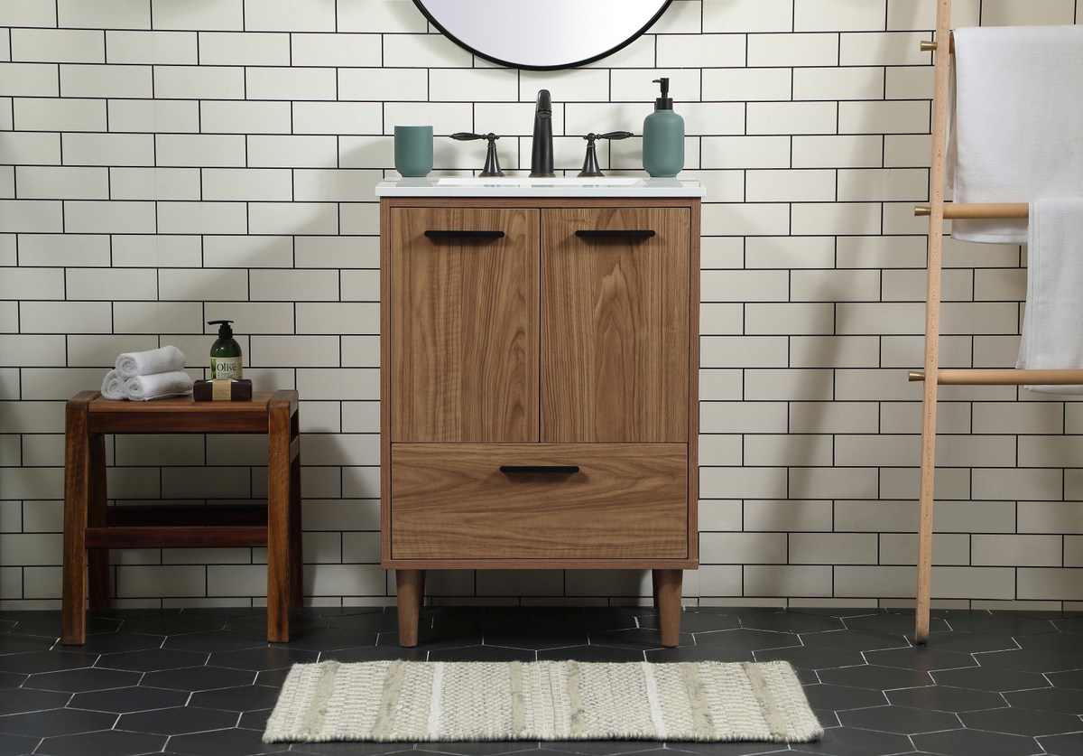 24 inch Modern Fitting Single Bathroom Vanity in Walnut Brown