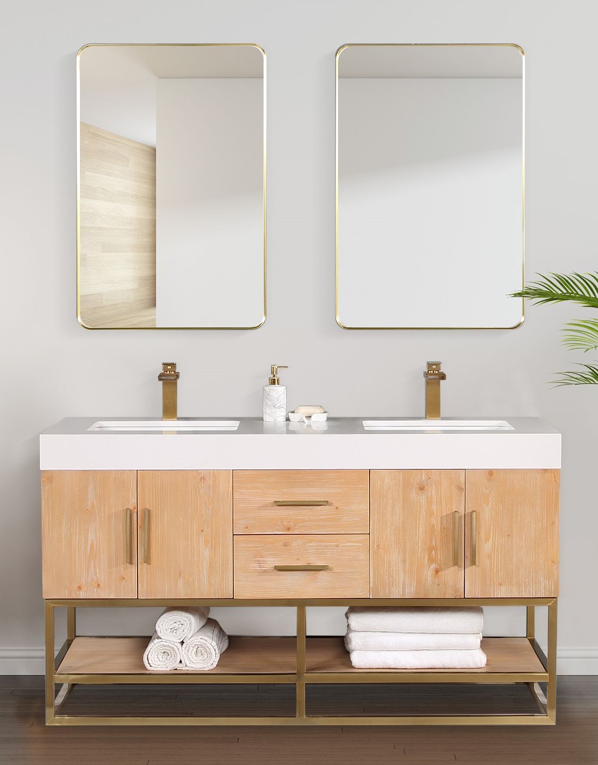 Issac Edwards 60" Double Bathroom Vanity in Light Brown with Brushed Gold Support Base and White Composite Stone Countertop with Mirror