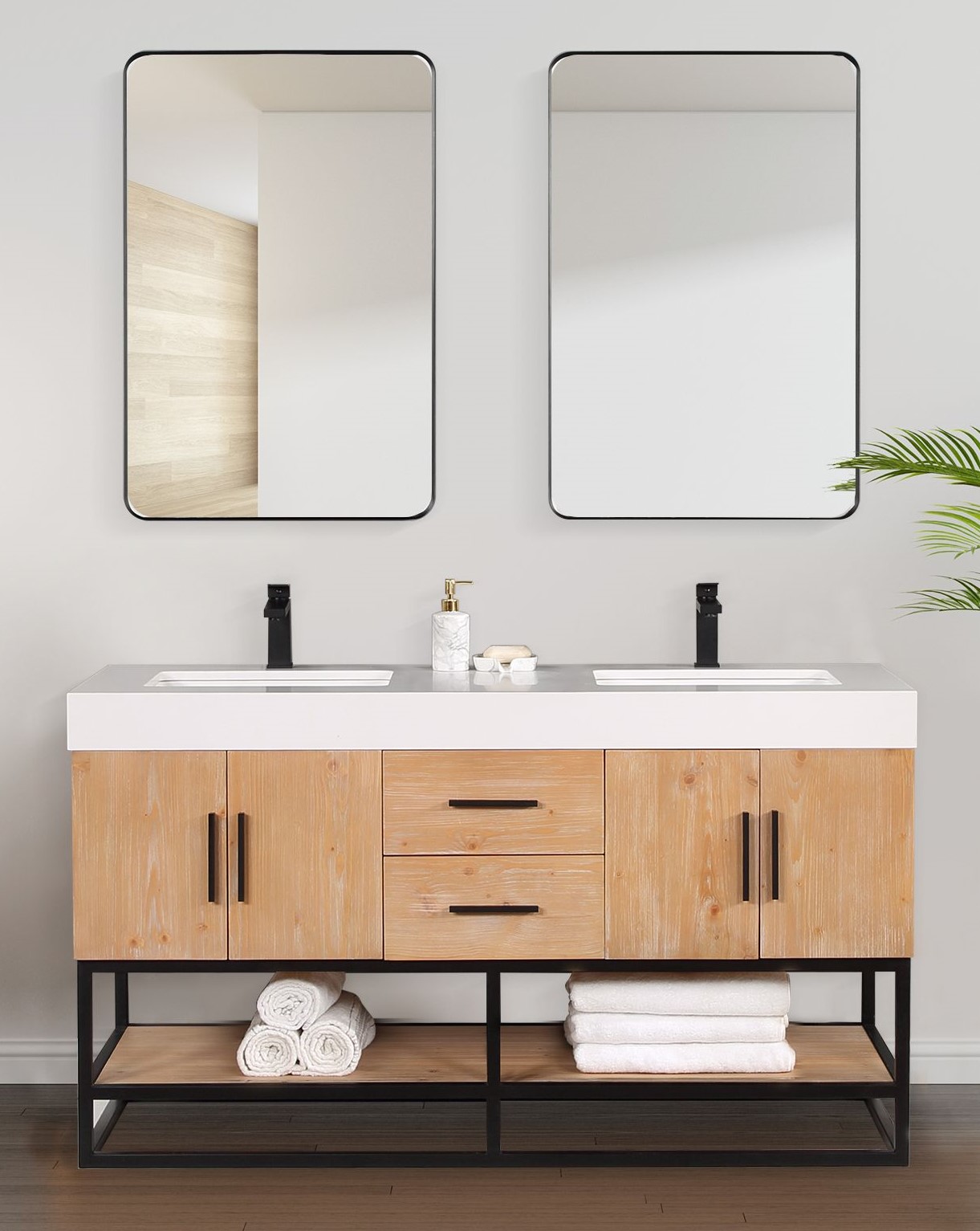 Issac Edwards 60" Double Bathroom Vanity in Light Brown with Matte Black Support Base and White Composite Stone Countertop with Mirror
