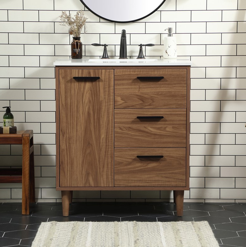 30 inch Modern Fitting Single Bathroom Vanity in Walnut Brown with Backsplash Option