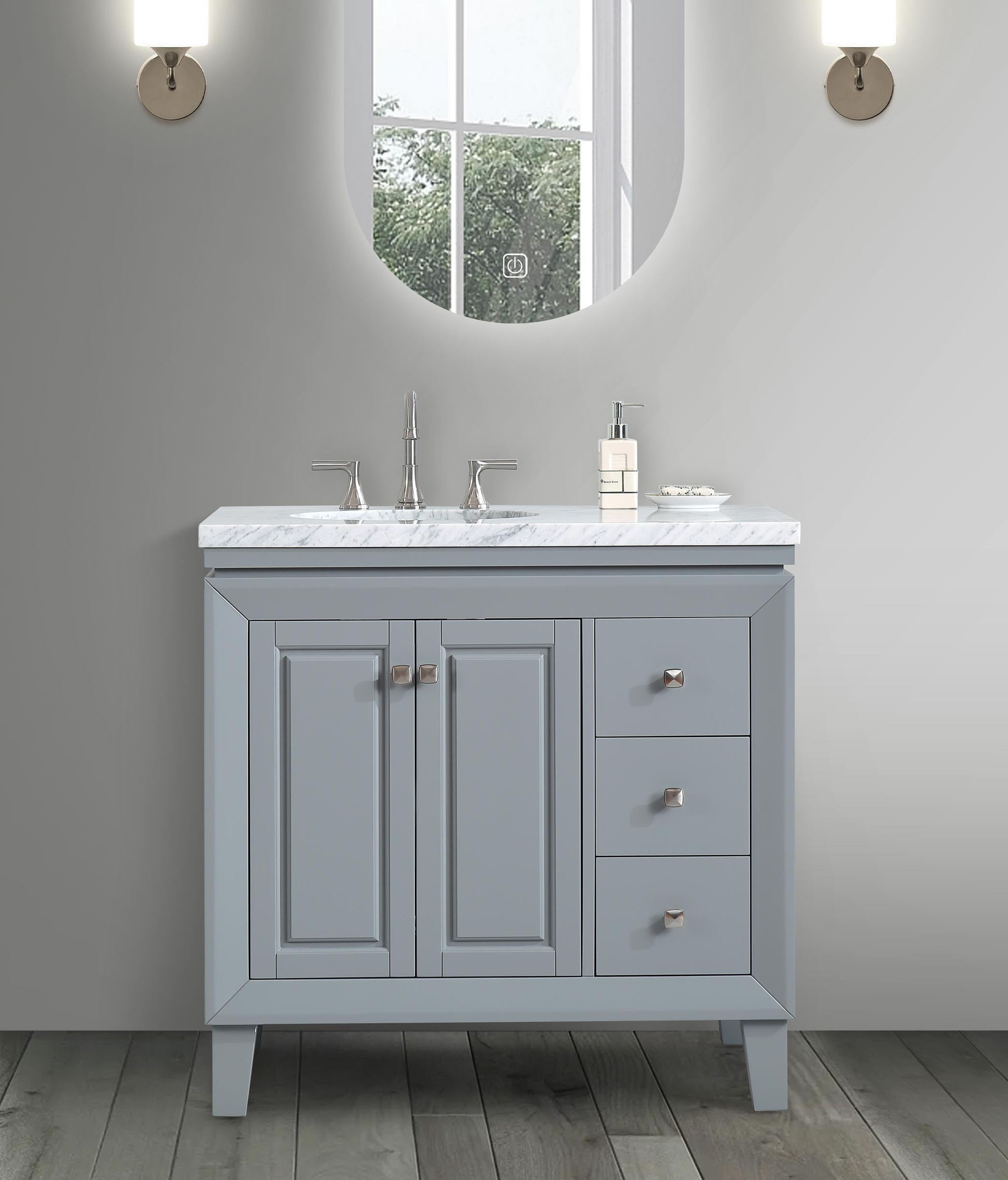 36-inch Carrara White Marble Top Single Sink on Left Side Bathroom Vanity in Gray