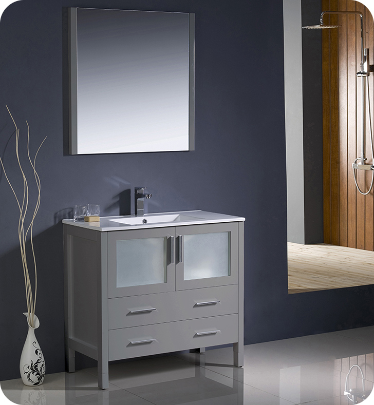 36" Gray Modern Bathroom Vanity with Faucet and Linen Side Cabinet Option