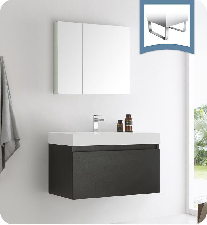 36" Black Wall Hung Modern Bathroom Vanity with Faucet, Medicine Cabinet and Linen Side Cabinet Option