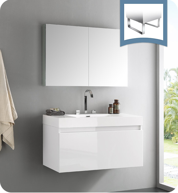 39" White Modern Bathroom Vanity with Faucet, Medicine Cabinet and Linen Side Cabinet Option