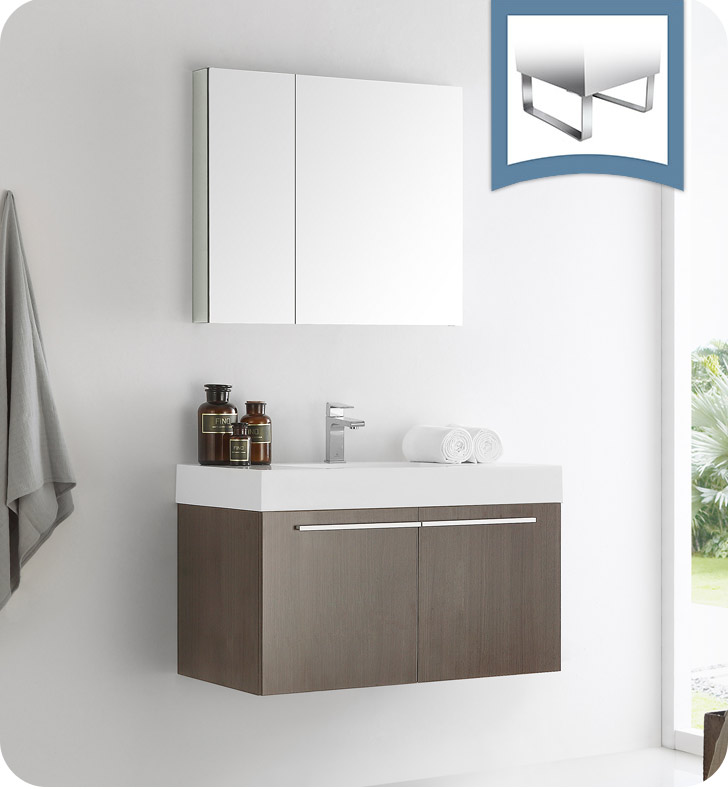 36" Gray Oak Modern Bathroom Vanity with Faucet, Medicine Cabinet and Linen Side Cabinet Option