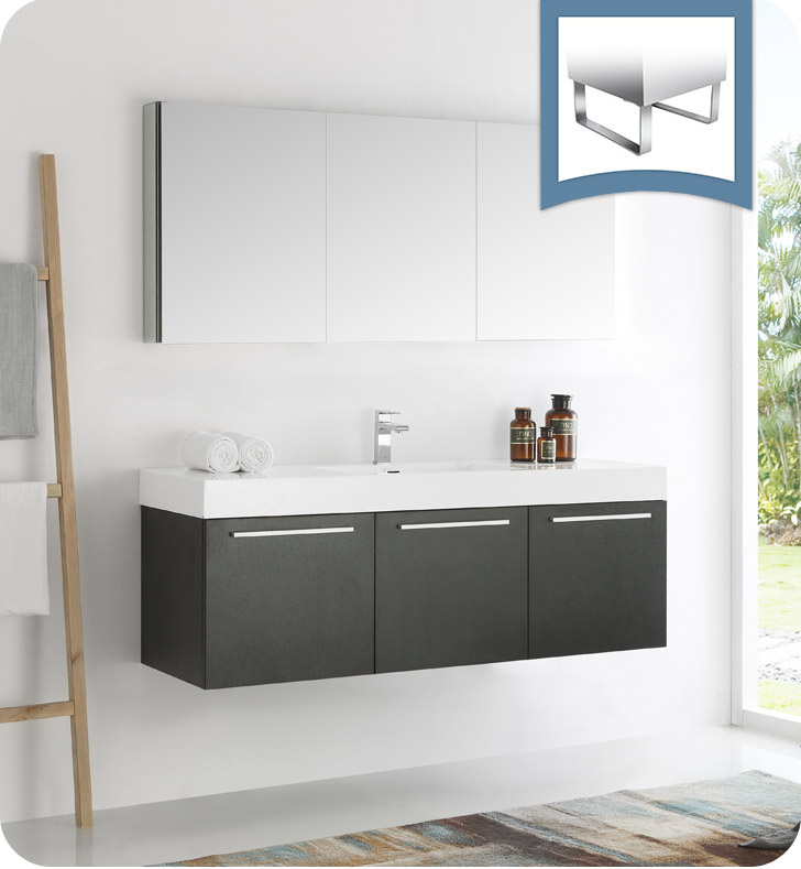 60" Black Wall Hung Modern Bathroom Vanity with Faucet, Medicine Cabinet and Linen Side Cabinet Option