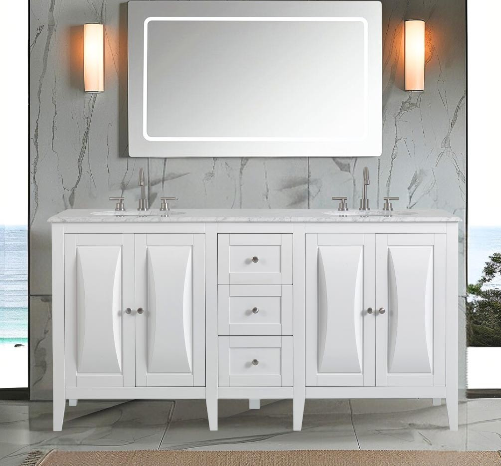 68-inch Carrara White Marble Top Double Sink Bathroom Vanity in White