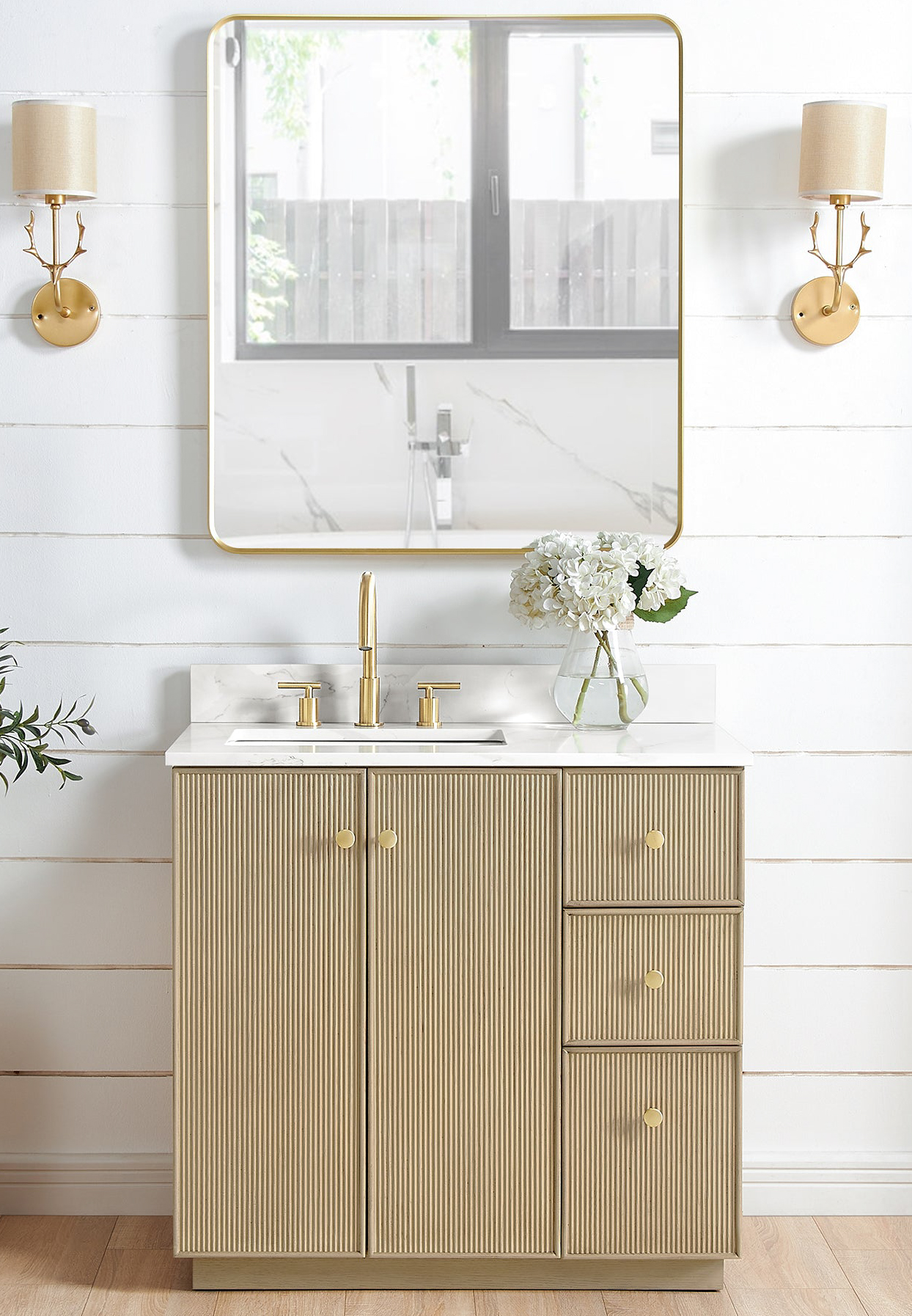 Issac Edwards 36" Free-standing Single Bath Vanity in Aged Dark Brown Oak with Fish Maw White Quartz Stone Top and Mirror