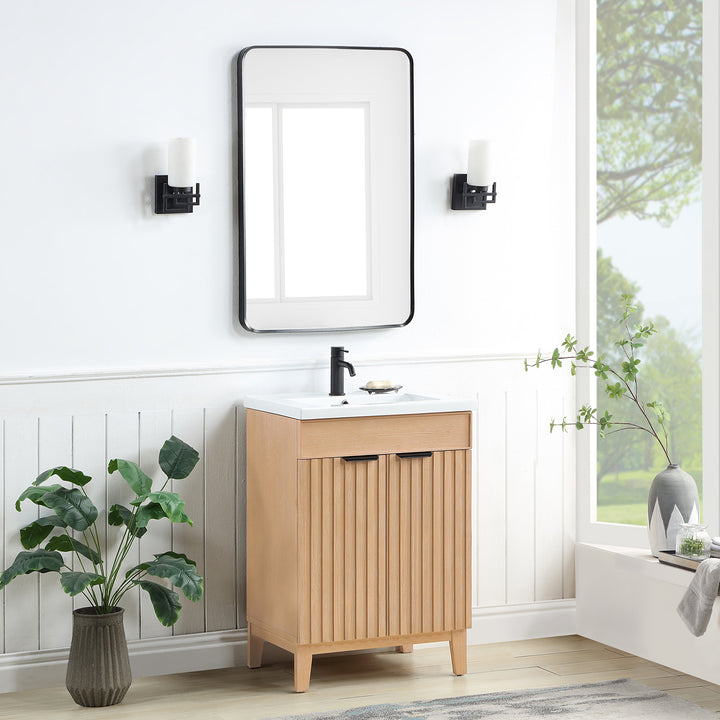 Issac Edwards 24" Free-standing Single Bath Vanity in Fir Wood Brown with Drop-In White Ceramic Basin Top and Mirror