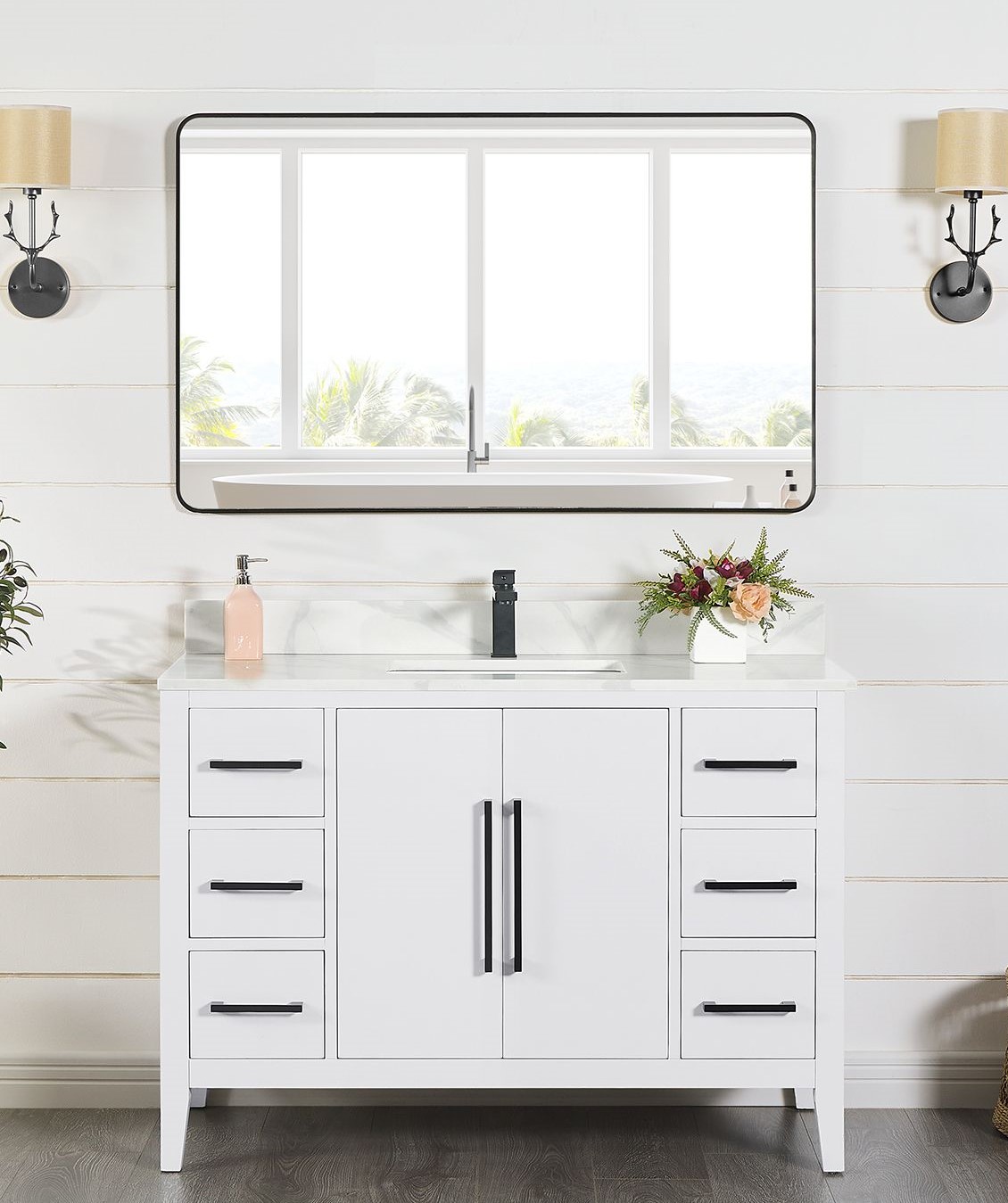 Issac Edwards 48" Single Bathroom Vanity in White with Calacatta White Quartz Stone Countertop with Mirror
