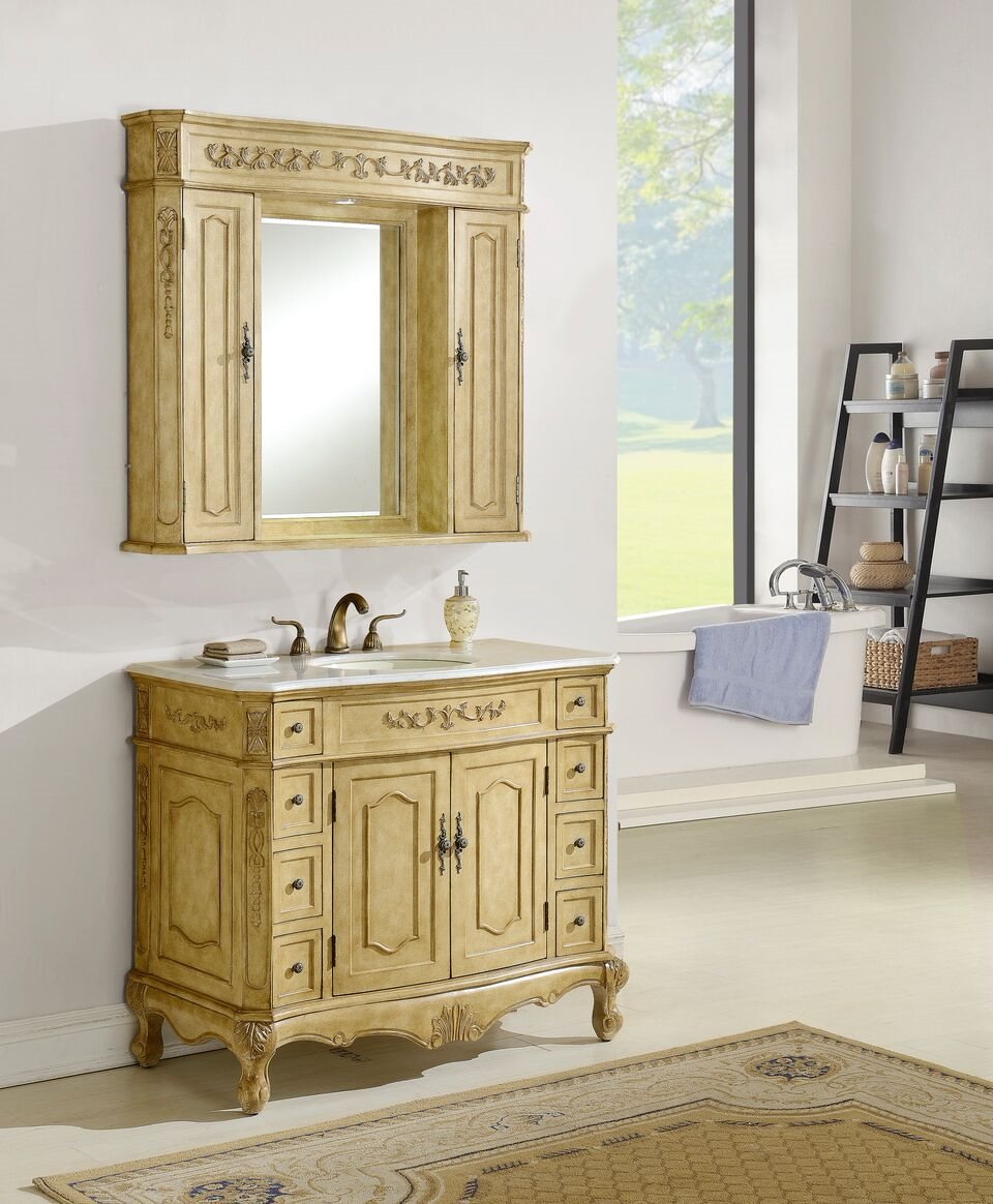 42" Antique Tan Vanity Finish with Mirror, Med Cab, and Linen Cab option 