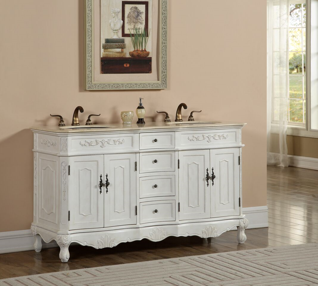 60" Double Antique White Bathroom Vanity with Mirror, Med Cab, and Linen Cabinet Options