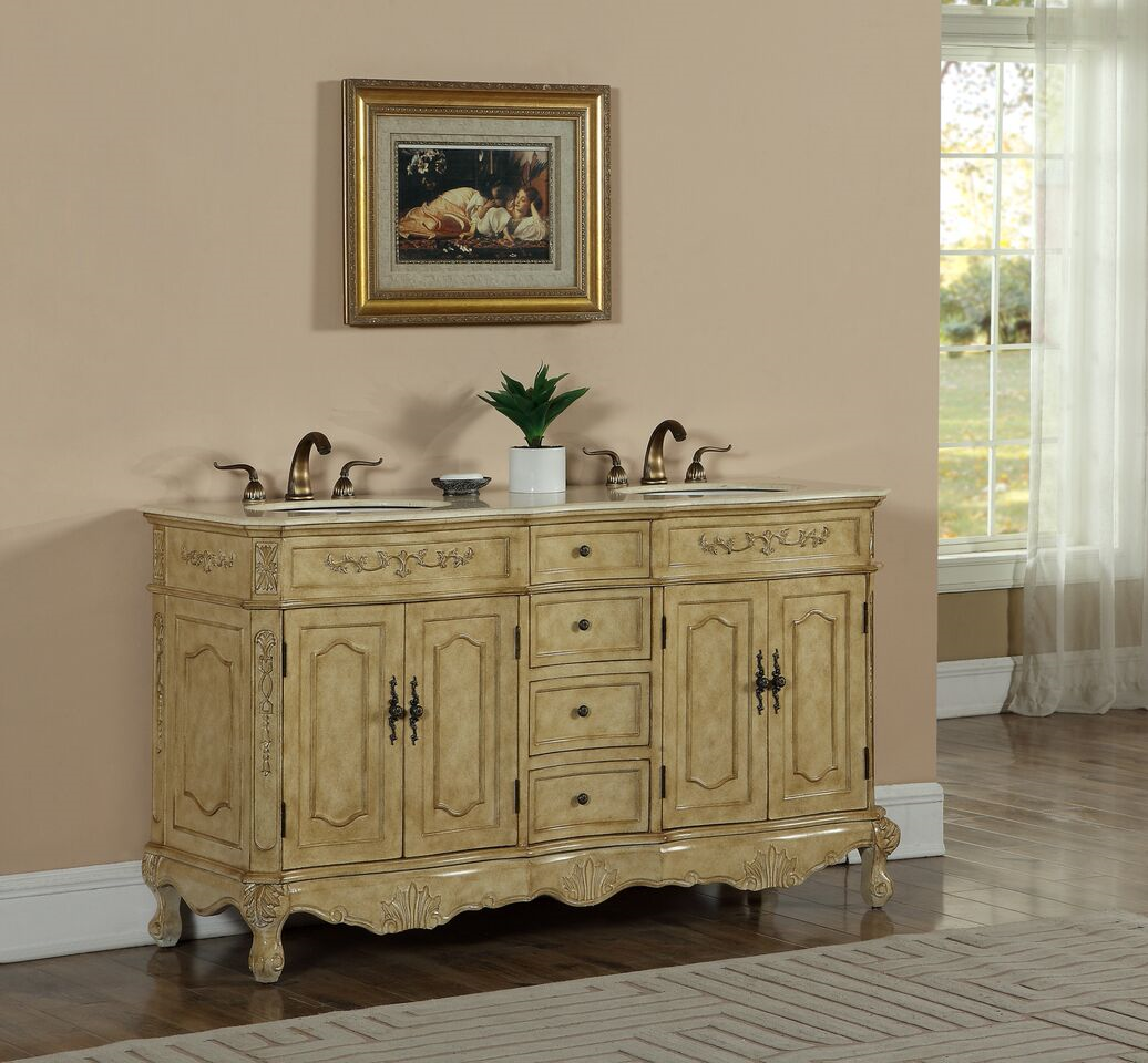 60" Double Antique Tan Finish Bathroom Vanity with Mirror, Med Cab, and Linen Cabinet Options