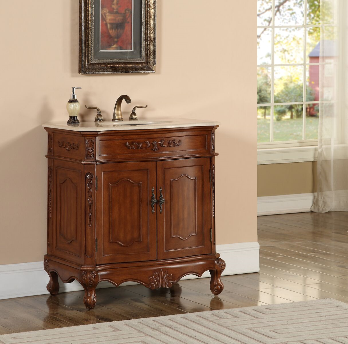 32" Deep Chestnut Finish Vanity with Mirror, Med Cab, and Linen Cabinet Options