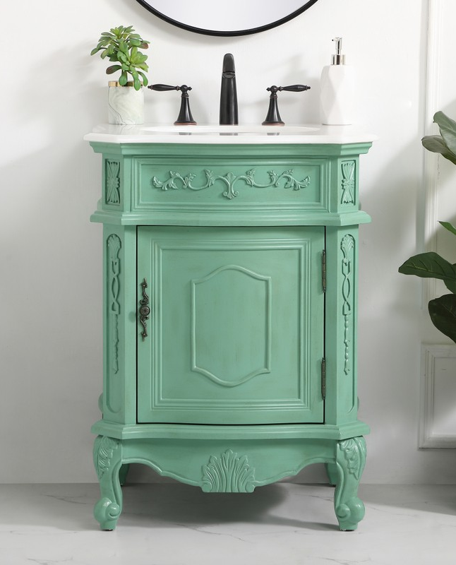 24 inch Single Bathroom Vanity in Vintage Mint with Ivory White Marble