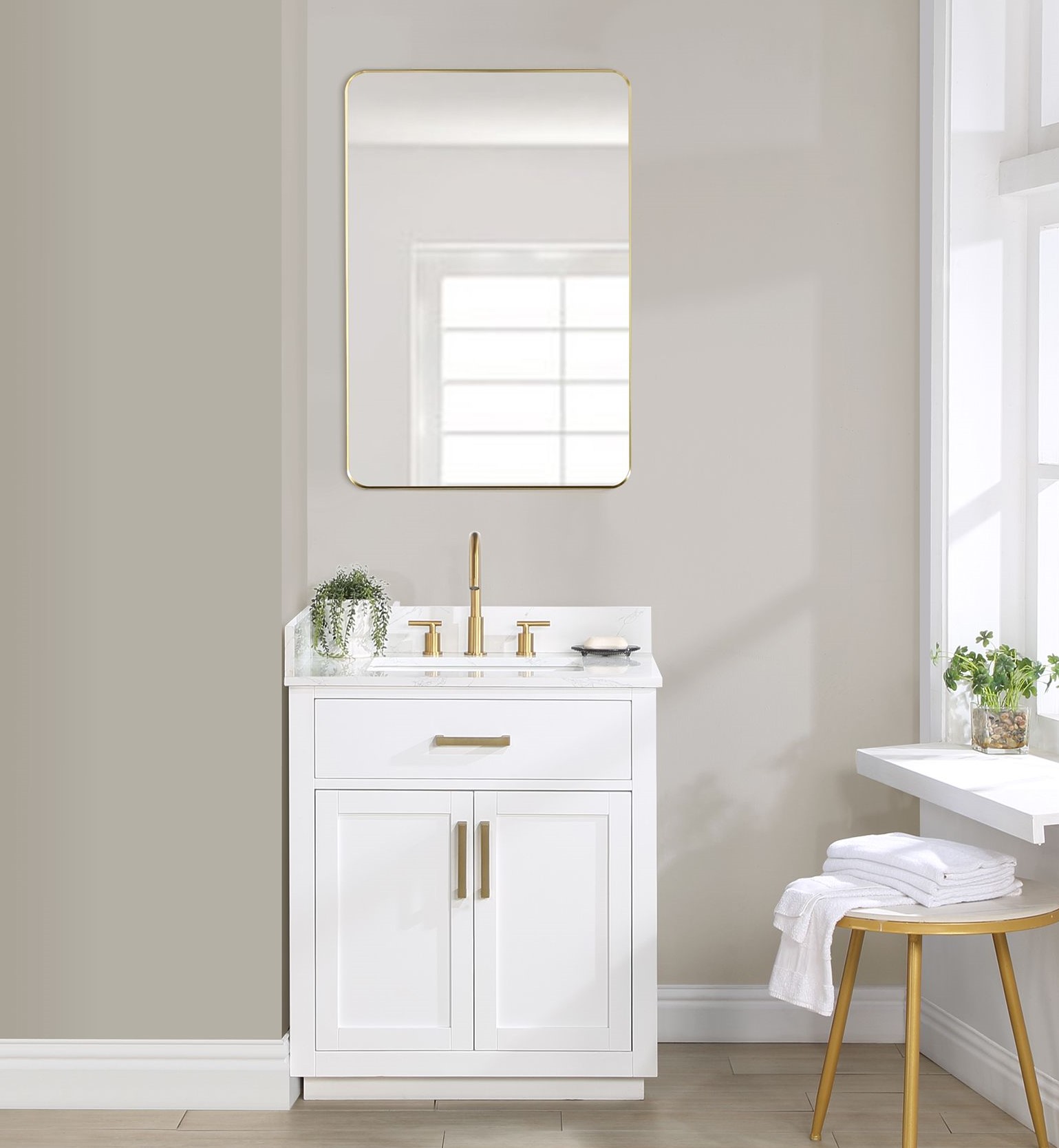 Issac Edwards 30" Single Bathroom Vanity in White with Grain White Composite Stone Countertop with Mirror