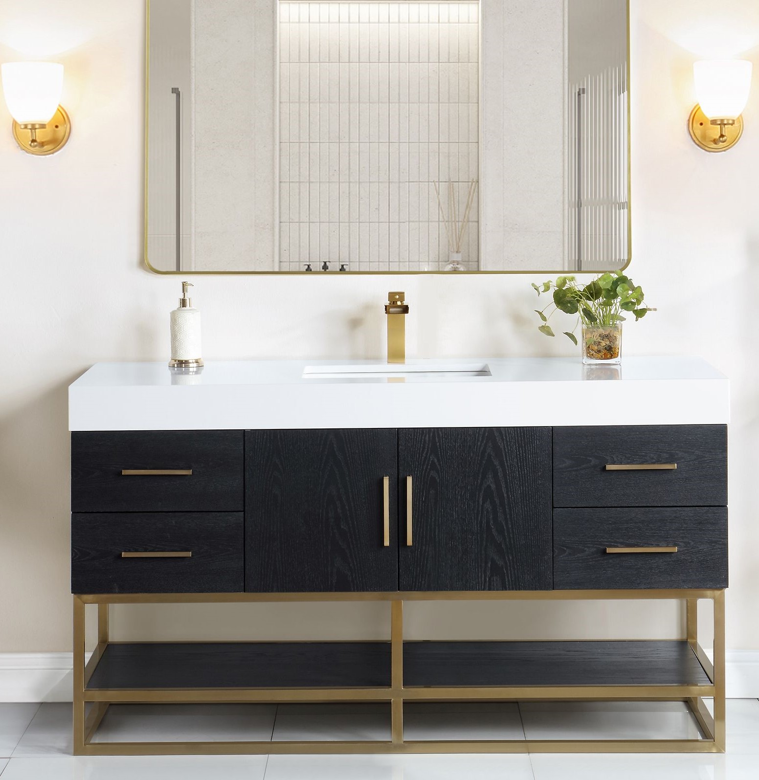 Issac Edwards 60" Single Bathroom Vanity in Black Oak with Brushed Gold Support Base and White Composite Stone Countertop with Mirror