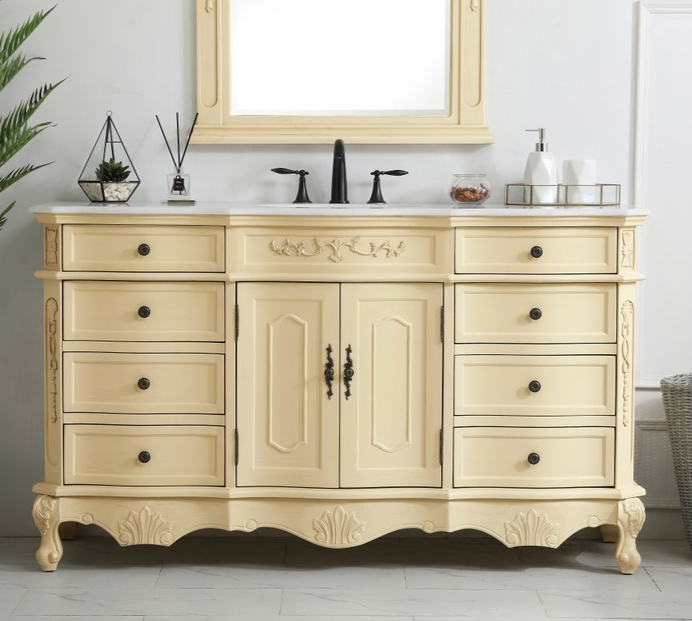 60 inch Adelina Single Bathroom Vanity in Light Antique Beige with Ivory White Marble