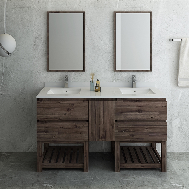 60" Floor Standing Double Sink Modern Bathroom Vanity with Open Bottom & Mirrors